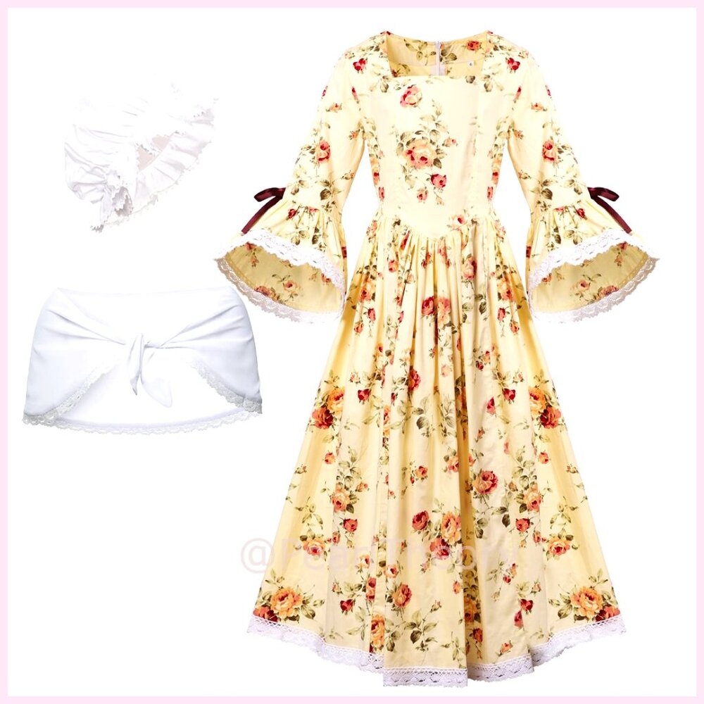 100% Cotton Pioneer Costume Dress with Bonnet and Shawl